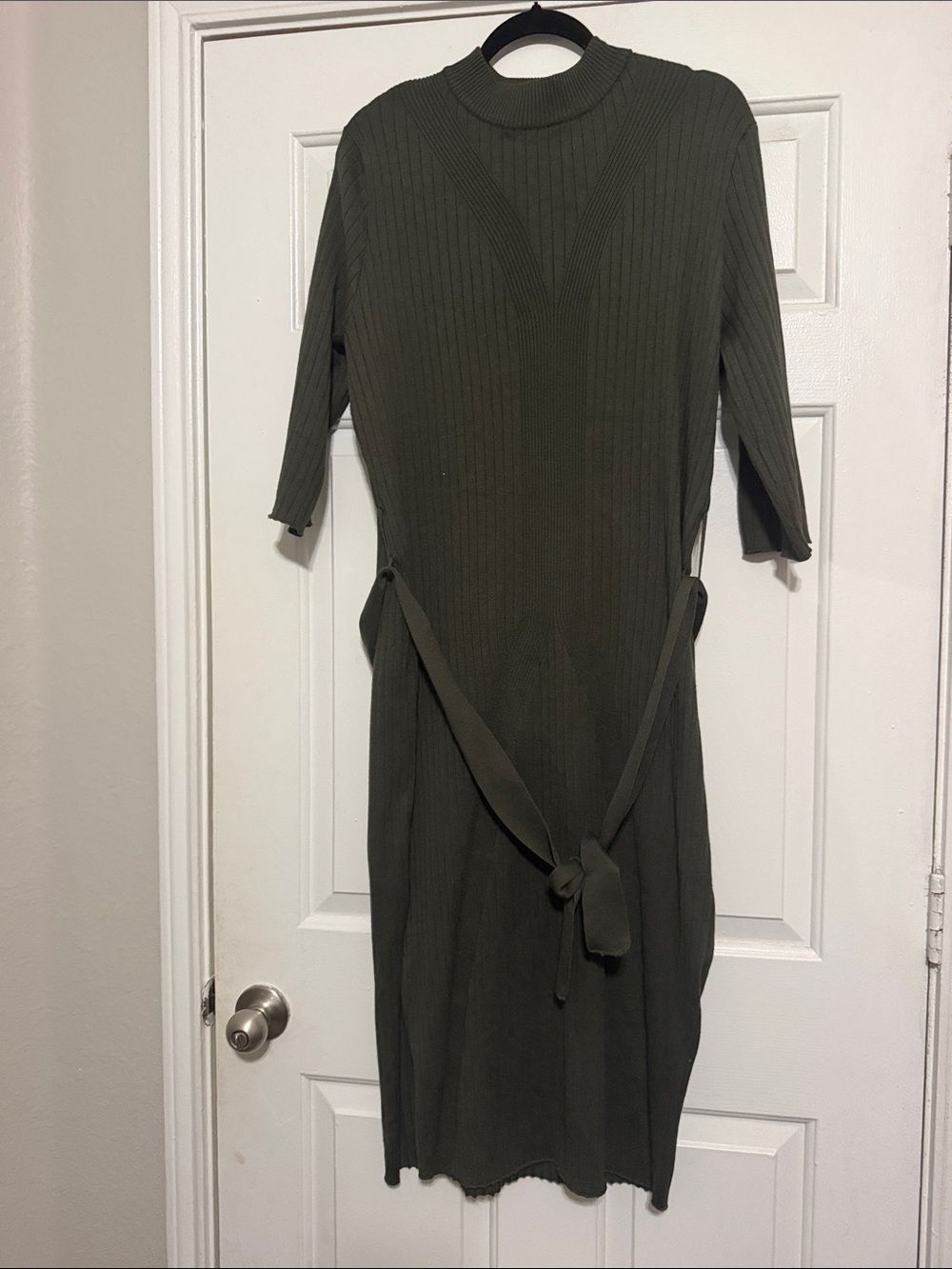 Ashley Stewart Olive Ribbed Knit Midi Dress with Waist Tie